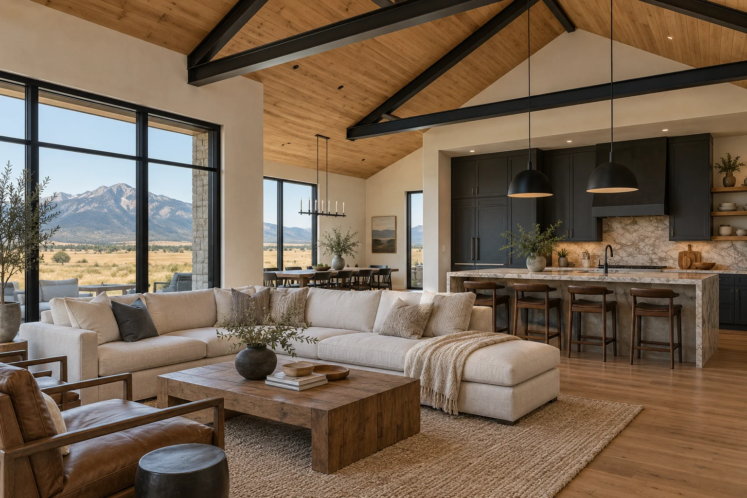 Design inspiration: open living and kitchen with timber ceiling, black steel framing and neutral finishes