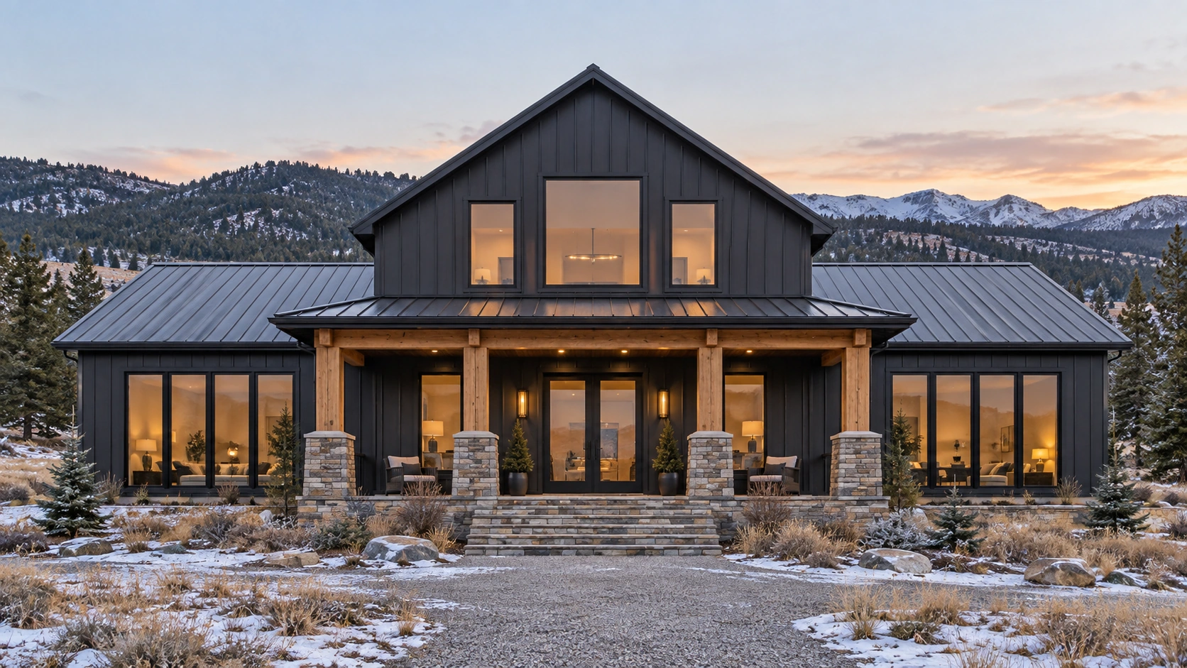 Colorado Barndominium Winter Design Inspiration | Colorado Pole Barns Design inspiration: dark gabled home with a timber porch and warm windows in a snow-dusted mountain landscape.